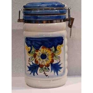 Vintage German  Ceramic Coffee Canister  Hand made hand painted Blue and yellow